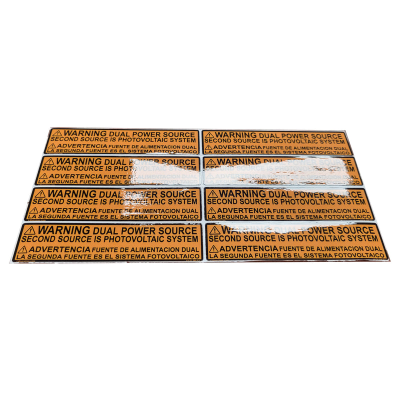 8 Pack 4.125"x 1" Outdoor Rated Laminated Labels Solar NEC Compliant Warning Dual Power Source Photovoltaic PV System OSHA UL-969 Standard Bilingual Spanish Waterproof