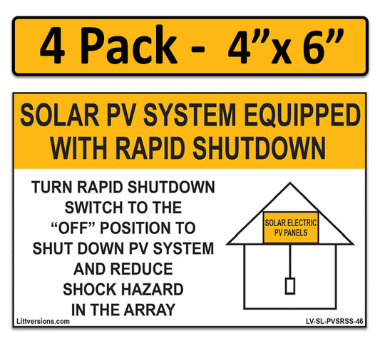 4 Pack 6" x 4" Solar PV System Equipped with Rapid Shutdown 2017/2020/2023/2026 NEC Code Compliant Laminated Labels Sign Sticker Notice