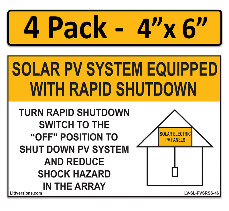 4 Pack 6" x 4" Solar PV System Equipped with Rapid Shutdown 2017/2020/2023/2026 NEC Code Compliant Laminated Labels Sign Sticker Notice