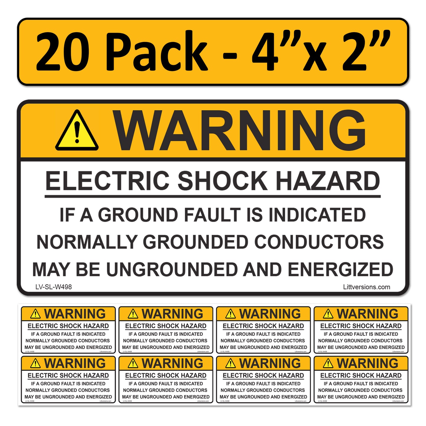 20 Pack 4"x 2" Solar Outdoor Rated Laminated NEC Compliant Warning Electrical Shock Hazard Grounded Conductors..Energized Labels Sticker 149859 UL-969 Standard 596-00498 596-00663