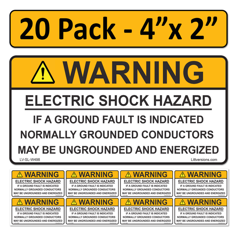20 Pack 4"x 2" Solar Outdoor Rated Laminated NEC Compliant Warning Electrical Shock Hazard Grounded Conductors..Energized Labels Sticker 149859 UL-969 Standard 596-00498 596-00663