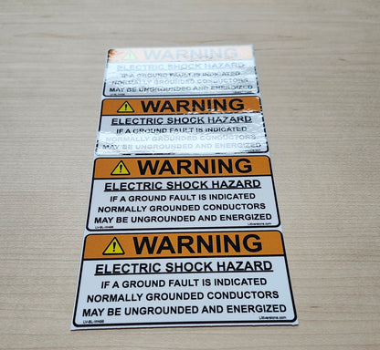 20 Pack 4"x 2" Solar Outdoor Rated Laminated NEC Compliant Warning Electrical Shock Hazard Grounded Conductors..Energized Labels Sticker 149859 UL-969 Standard 596-00498 596-00663