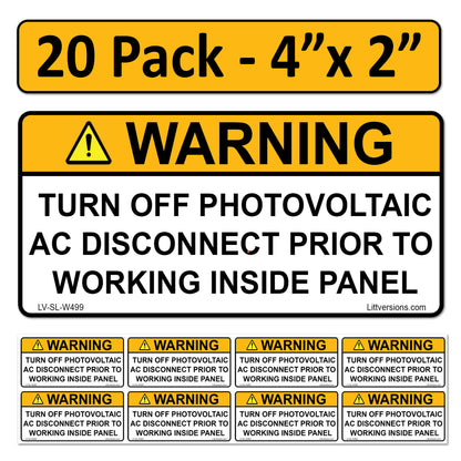 20 Pack 4.125"x 2" Solar NEC Compliant Outdoor Rated Laminated Warning Turn off PV AC Disconnect Prior to Working Inisde Panel Labels Sticker 149891 UL-969 Standard 596-00499 596-00664