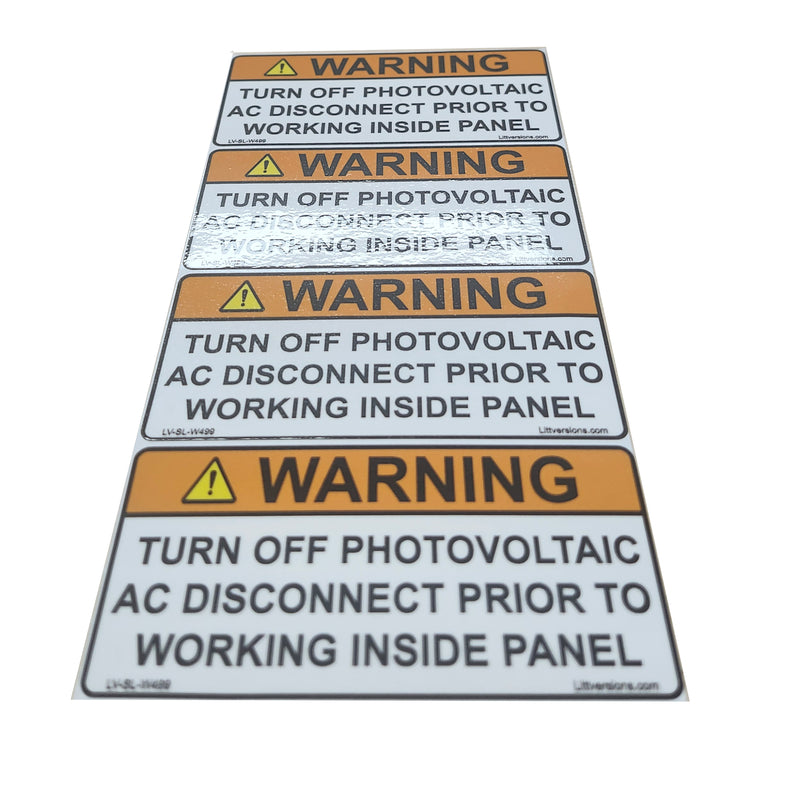 20 Pack 4.125"x 2" Solar NEC Compliant Outdoor Rated Laminated Warning Turn off PV AC Disconnect Prior to Working Inside Panel Labels Sticker 149891 UL-969 Standard 596-00499 596-00664