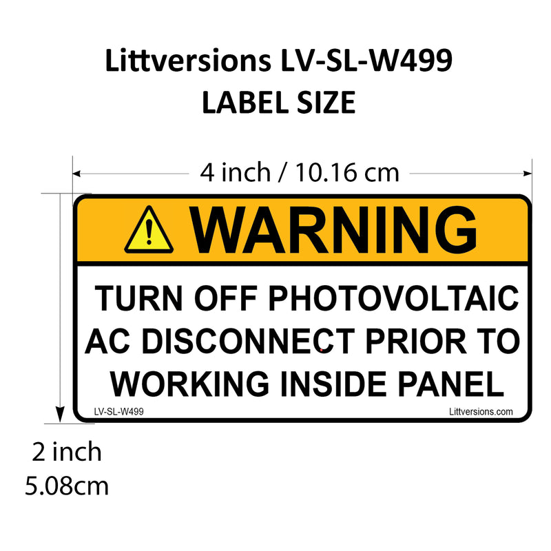 20 Pack 4.125"x 2" Solar NEC Compliant Outdoor Rated Laminated Warning Turn off PV AC Disconnect Prior to Working Inside Panel Labels Sticker 149891 UL-969 Standard 596-00499 596-00664