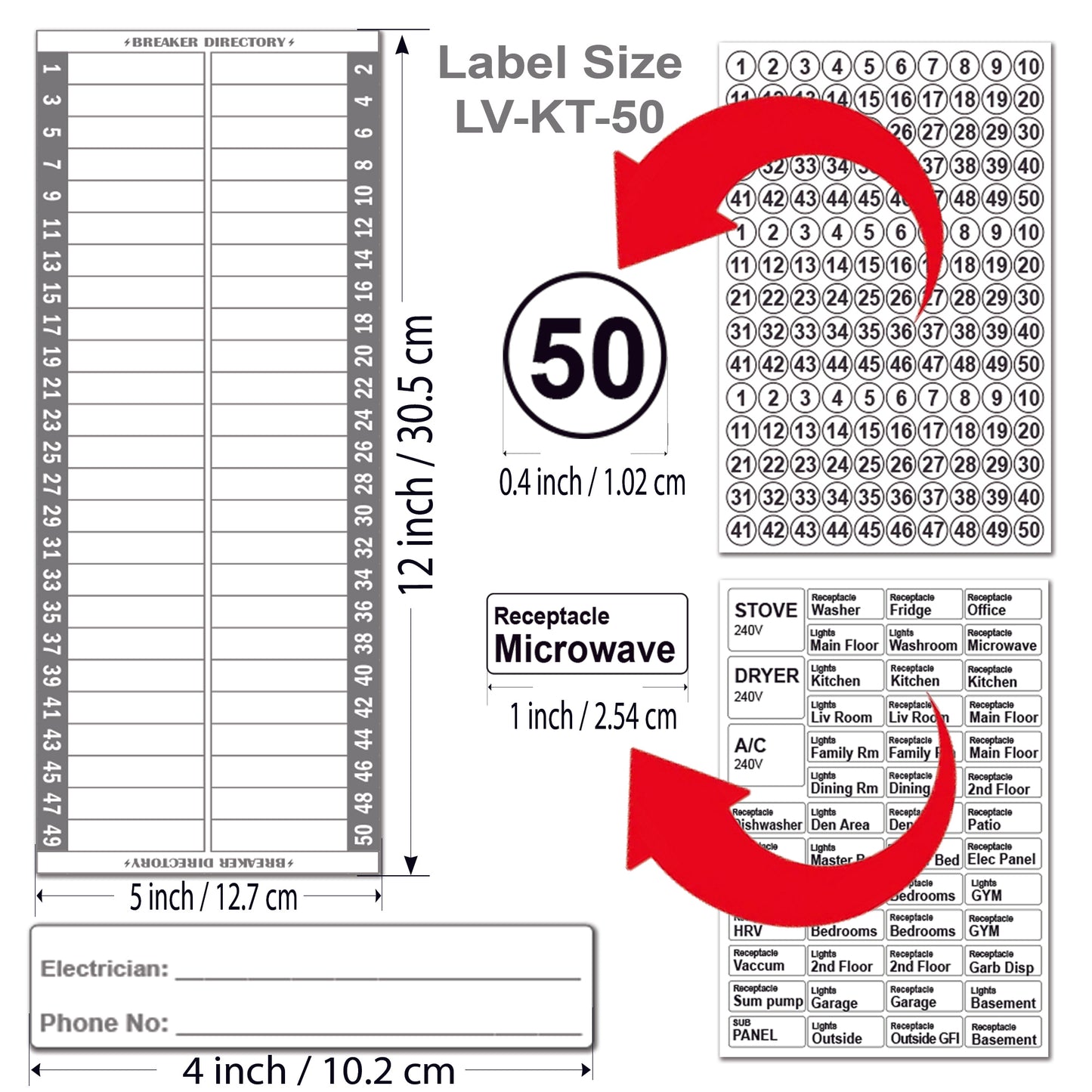 50 Circuits Bidirectional Circuit Breaker Directory Panel Label Kit with Fuse Stickers for Fuse Panel Marker Sticker Sign for Electrical Panel Strong Adhesive Durable Vinyl Waterproof
