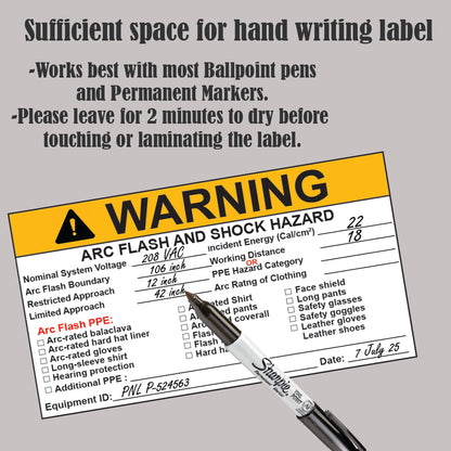 10 Pack 6.5" x4" NEC 2026 Compliant Vinyl Write-On Arc Flash Labels (Warning) Legend Warning Arc Flash and Shock Hazard Appropriate PPE Required Flash Protection Boundary 121085 121079