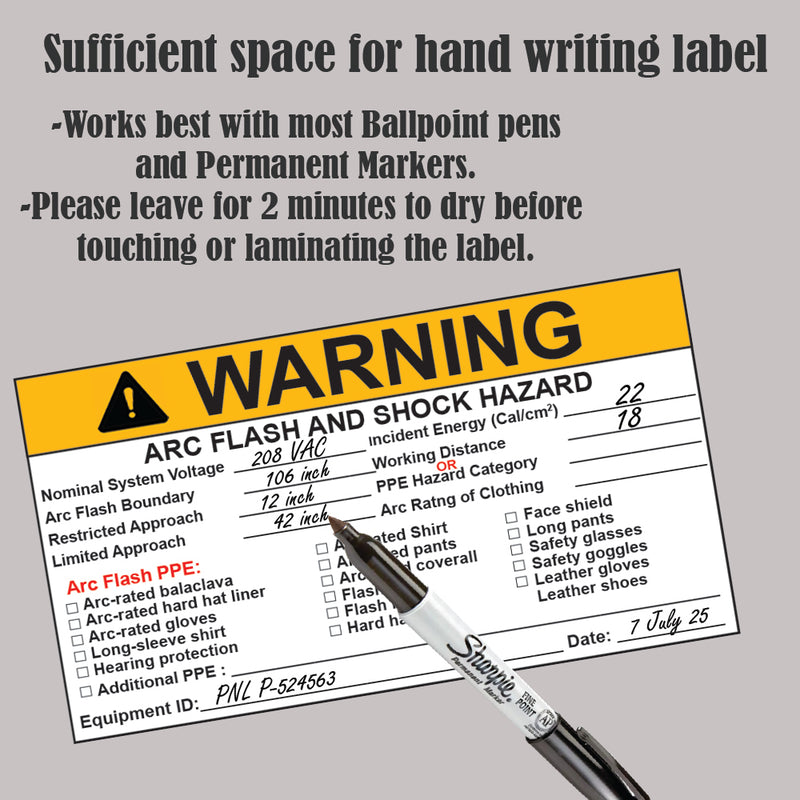 10 Pack 6.5" x4" NEC 2026 Compliant Vinyl Write-On Arc Flash Labels (Warning) Legend Warning Arc Flash and Shock Hazard Appropriate PPE Required Flash Protection Boundary 121085 121079